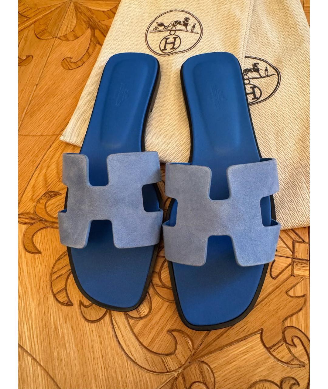 HERMES Синие кожаные шлепанцы, фото 2