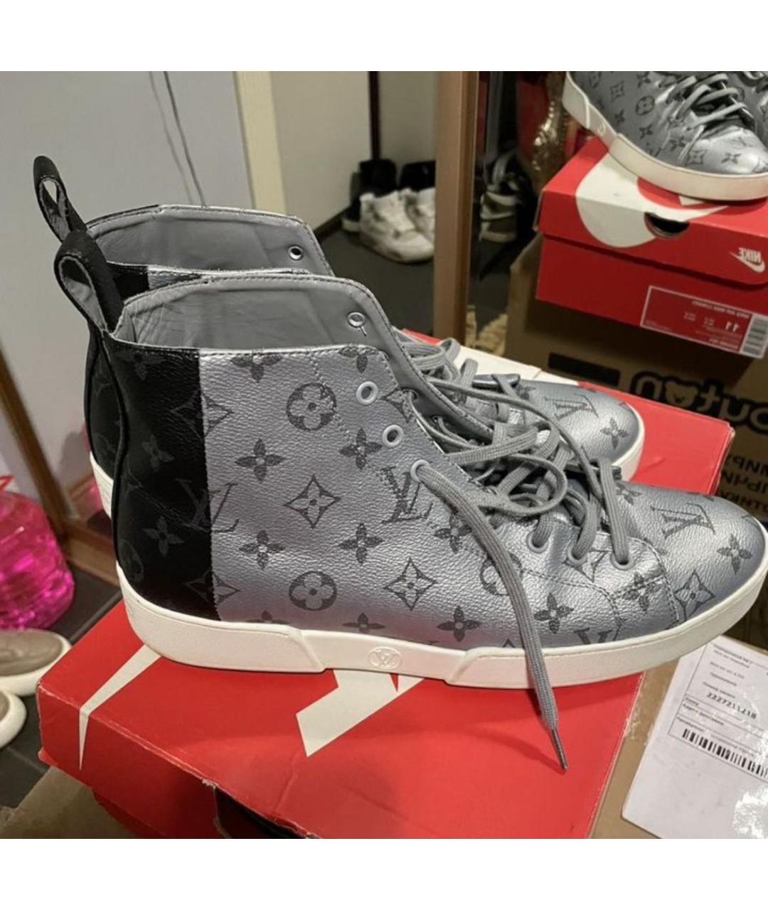 LOUIS VUITTON Серебряные кожаные высокие кроссовки / кеды, фото 4