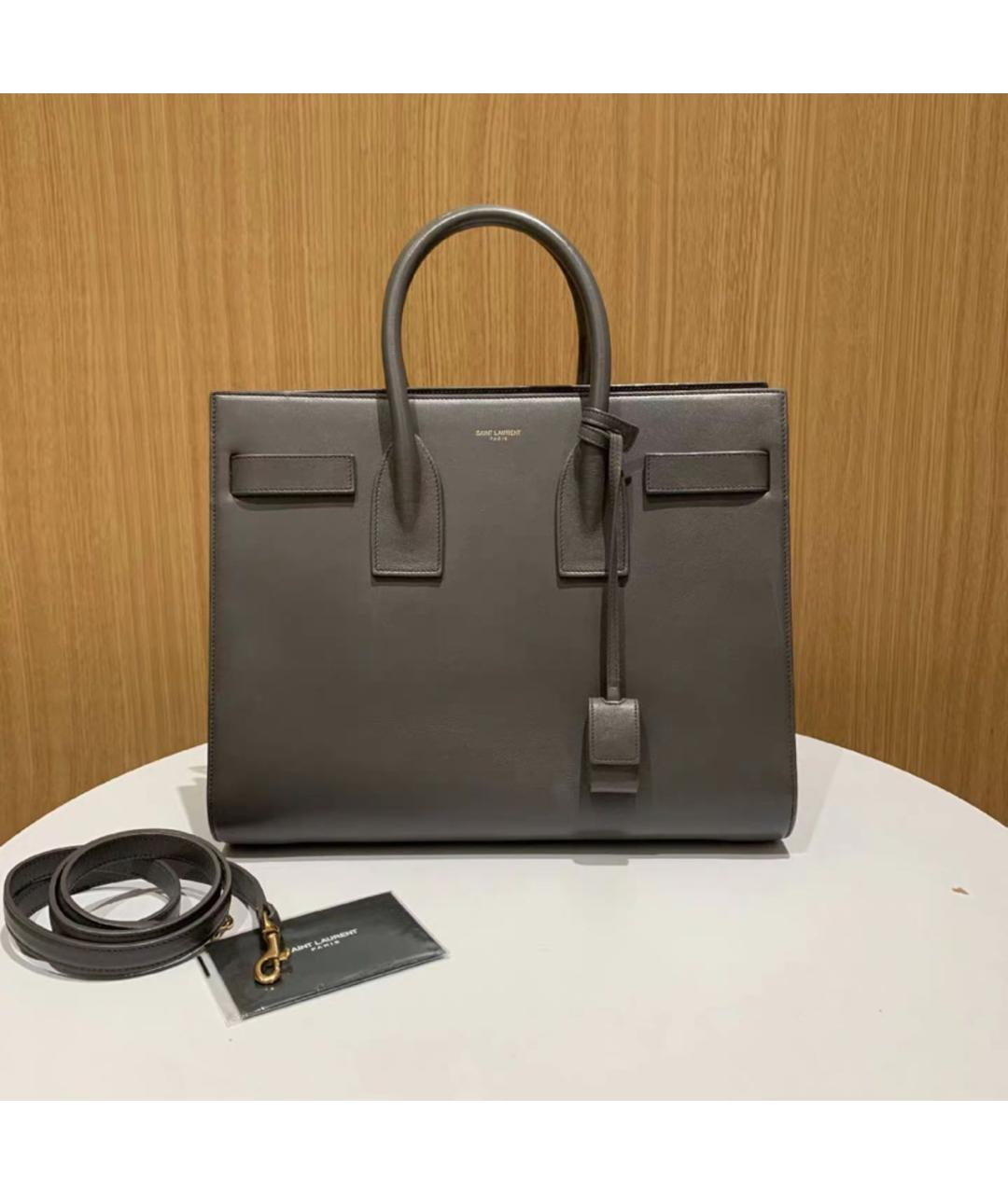 SAINT LAURENT Серая кожаная сумка с короткими ручками, фото 9