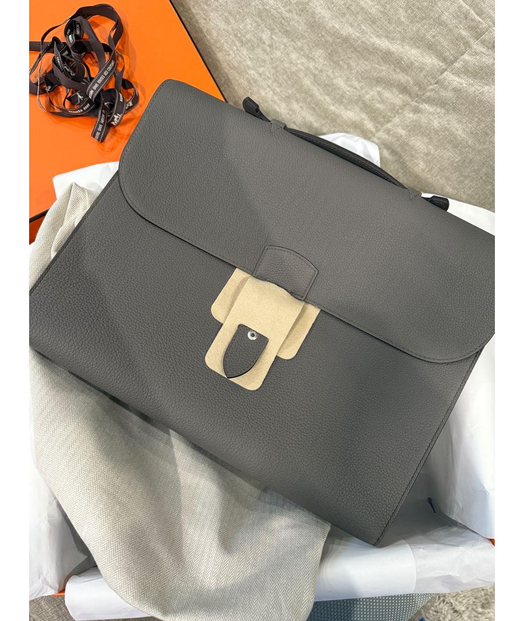 HERMES Антрацитовый кожаный портфель, фото 2