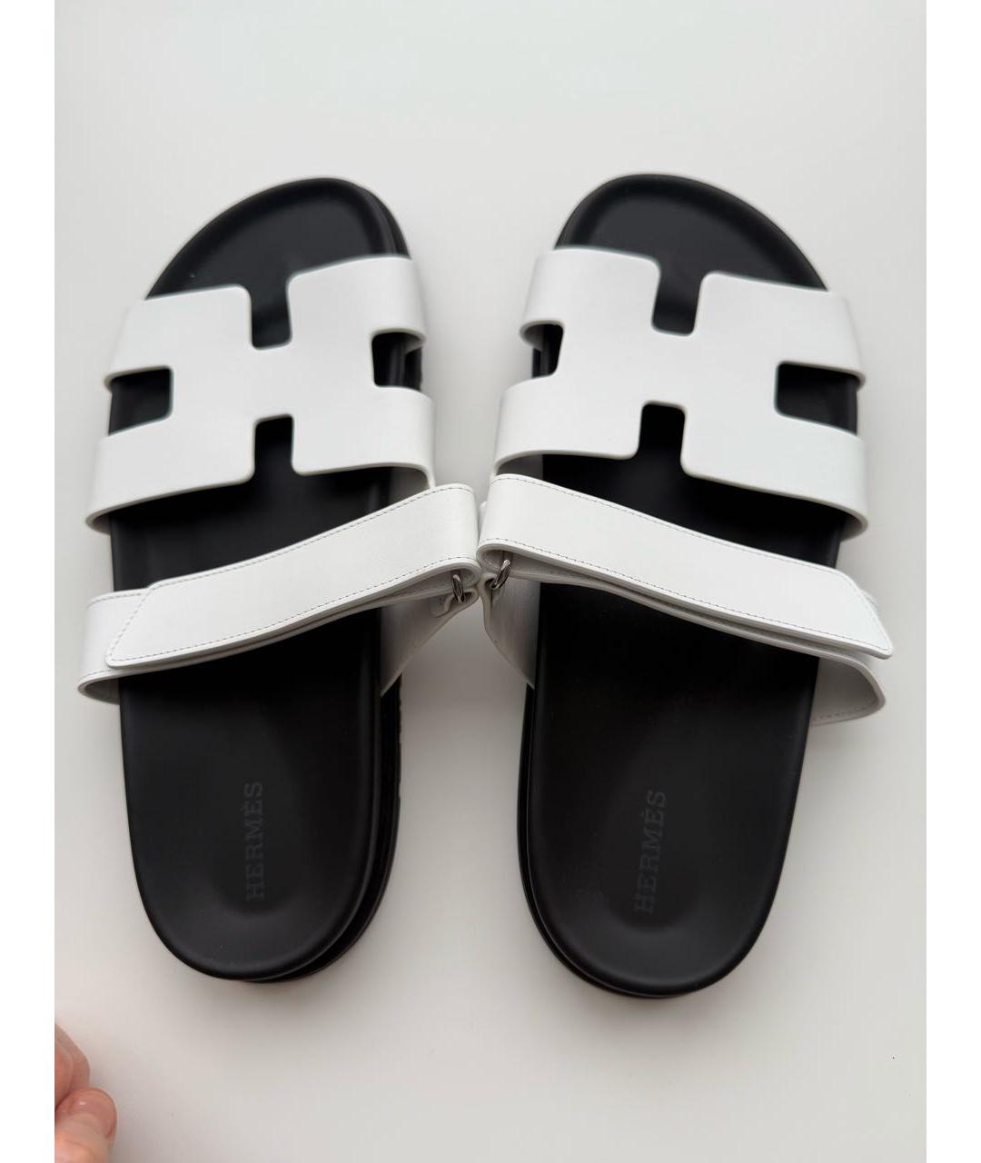 HERMES Белые кожаные шлепанцы, фото 6