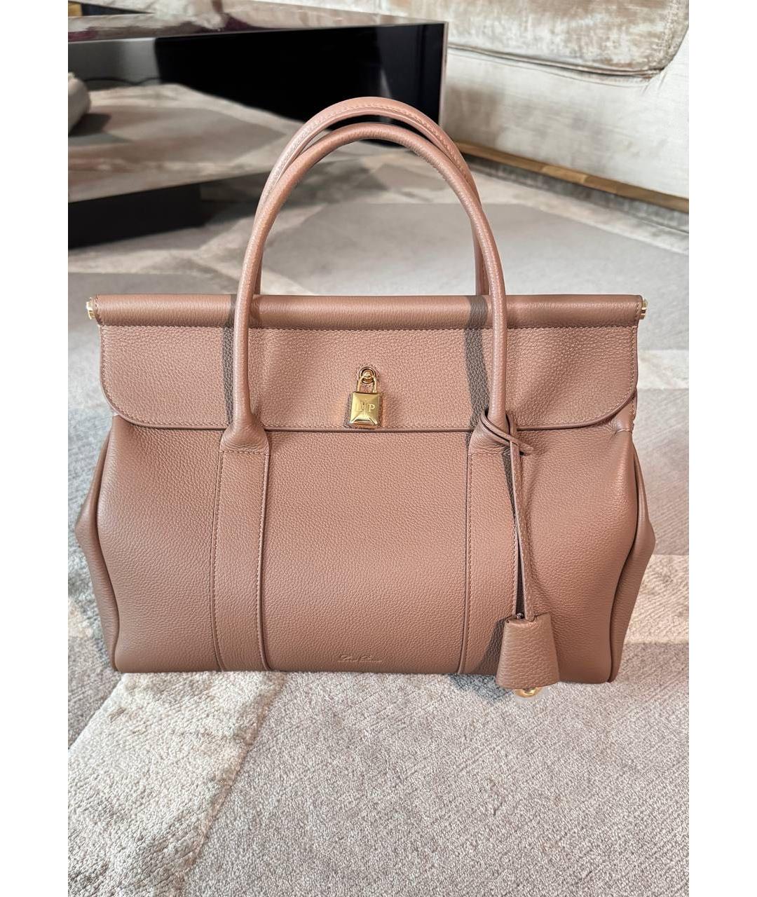 LORO PIANA Бежевая кожаная сумка тоут, фото 2