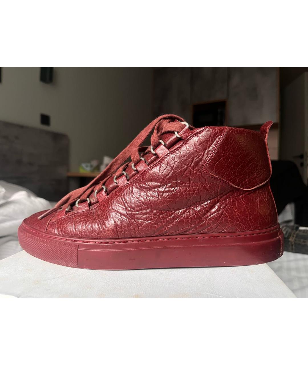 BALENCIAGA Бордовые кожаные высокие кроссовки / кеды, фото 9