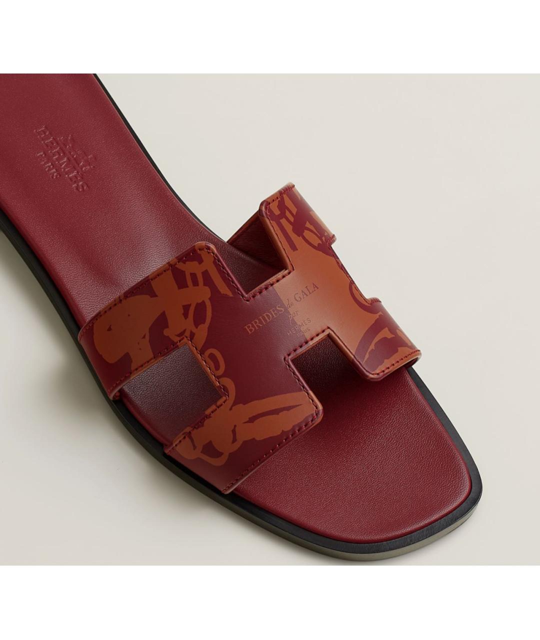 HERMES Бордовые кожаные шлепанцы, фото 2