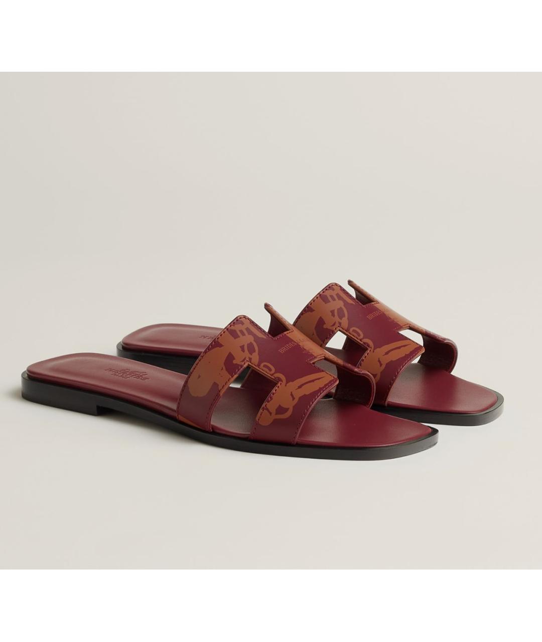 HERMES Бордовые кожаные шлепанцы, фото 3