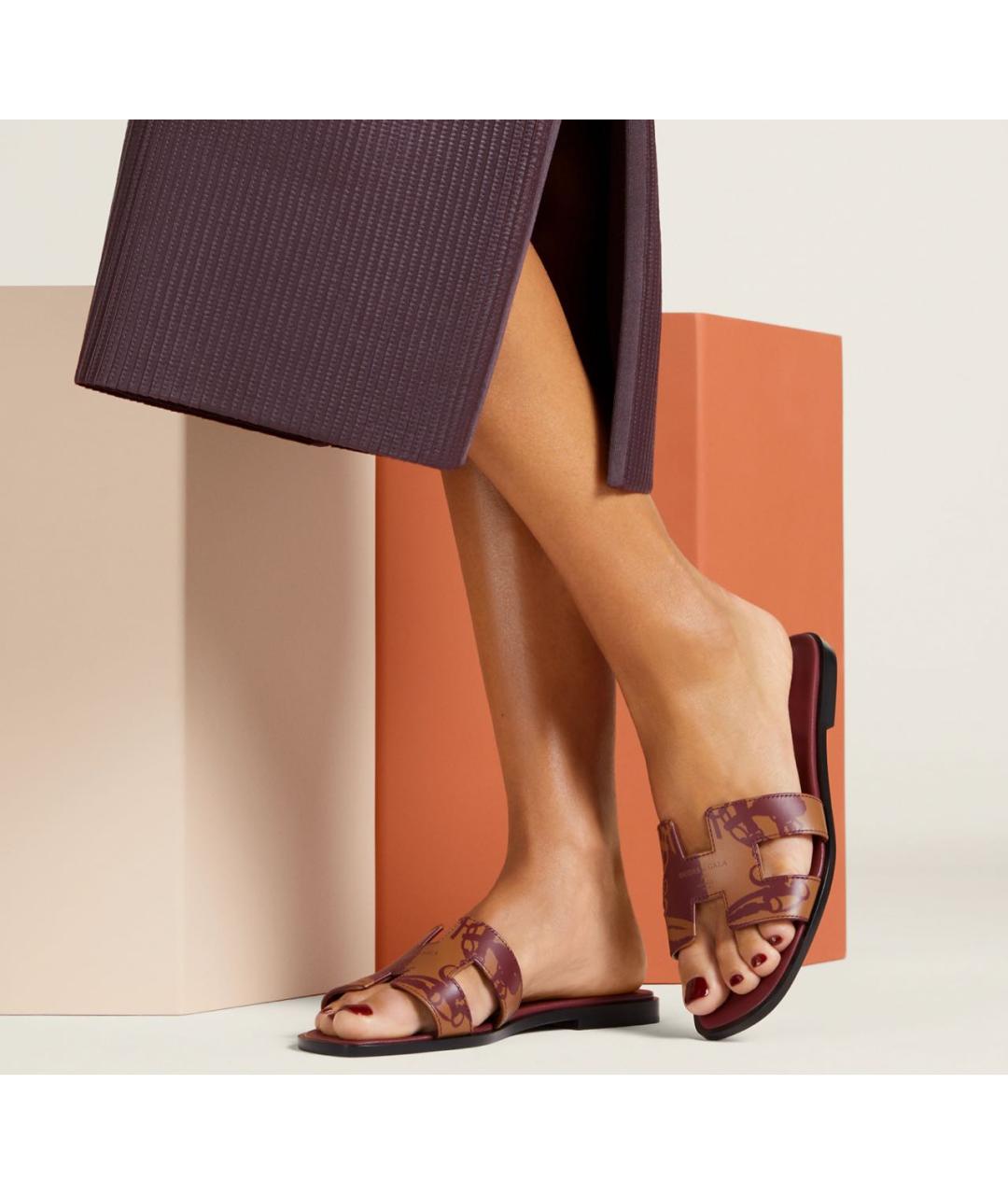 HERMES Бордовые кожаные шлепанцы, фото 5