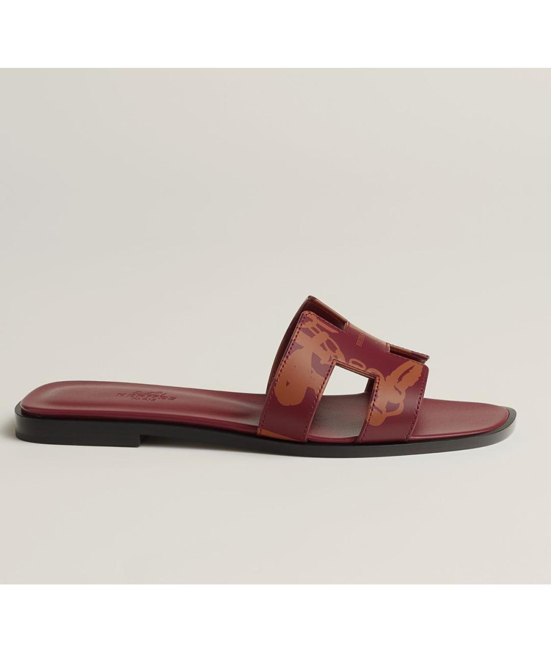 HERMES Бордовые кожаные шлепанцы, фото 6