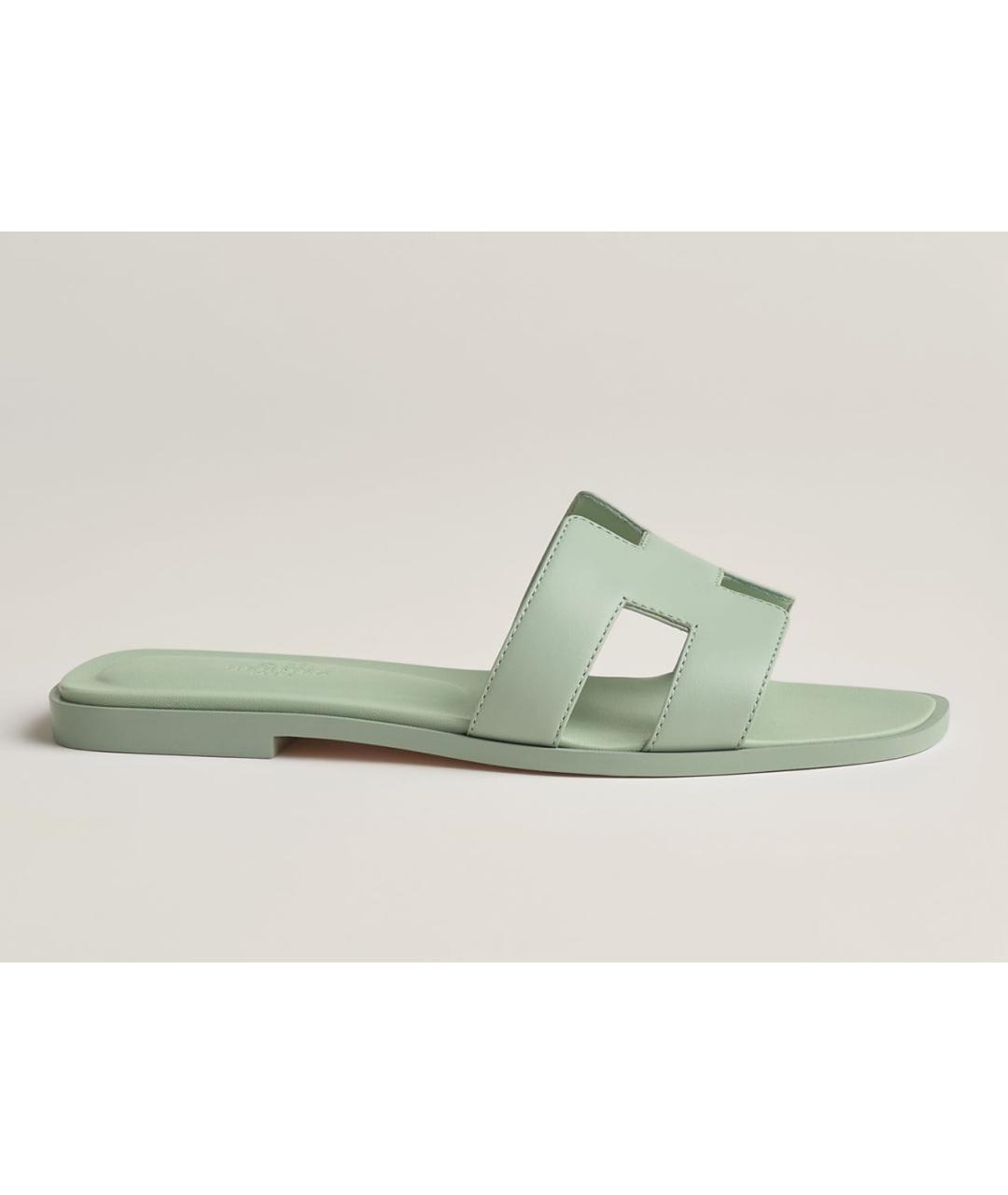 HERMES Салатовые кожаные шлепанцы, фото 6