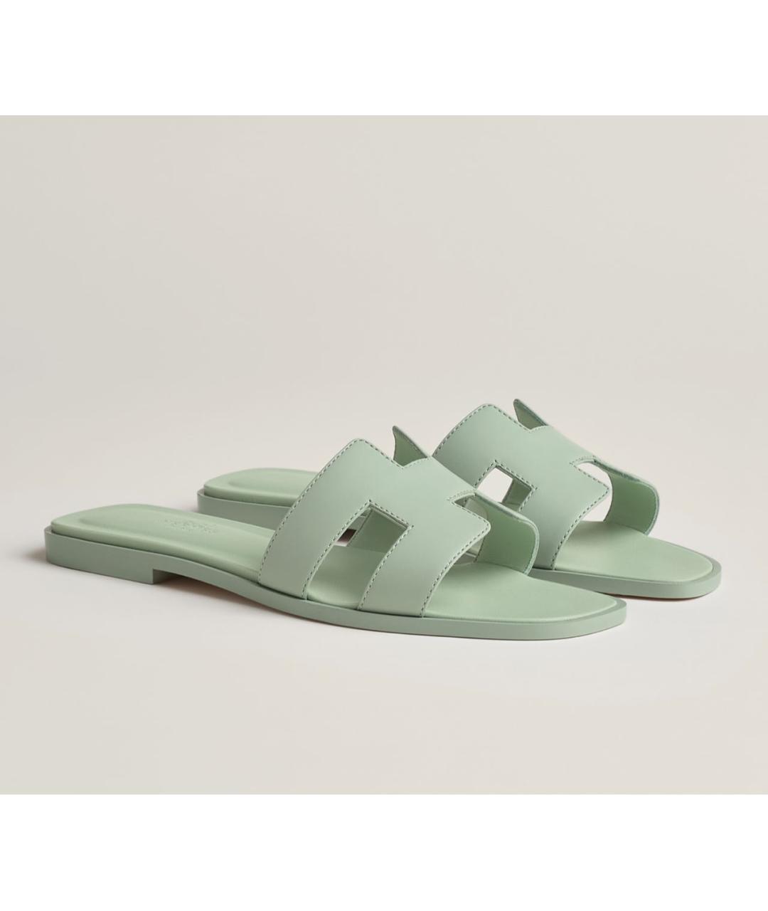 HERMES Салатовые кожаные шлепанцы, фото 2