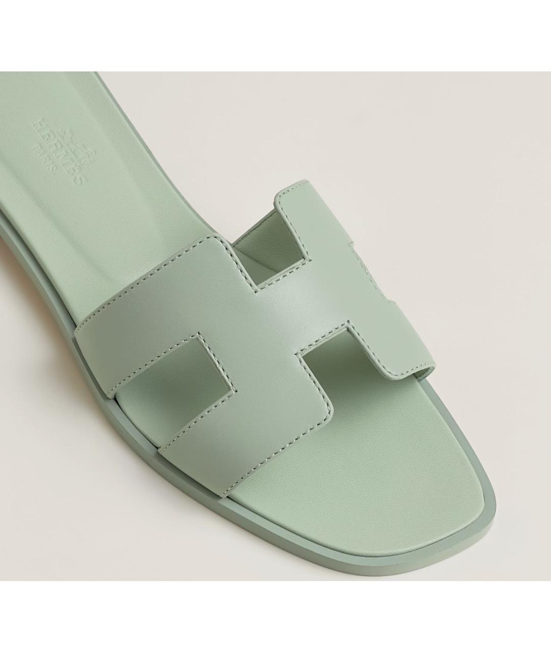 HERMES Салатовые кожаные шлепанцы, фото 4