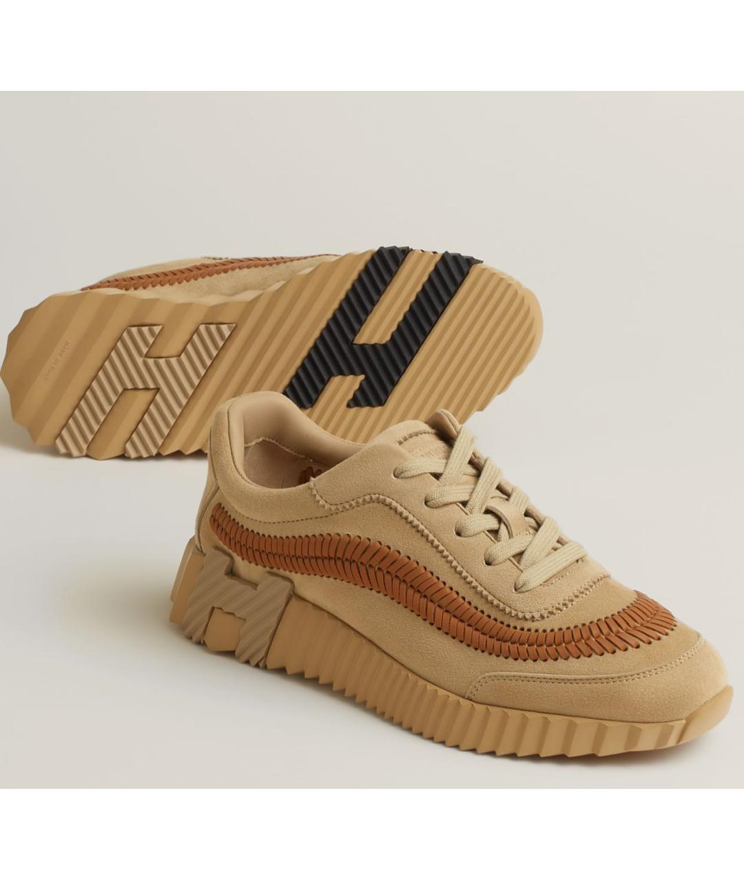 HERMES Бежевые замшевые кроссовки, фото 5