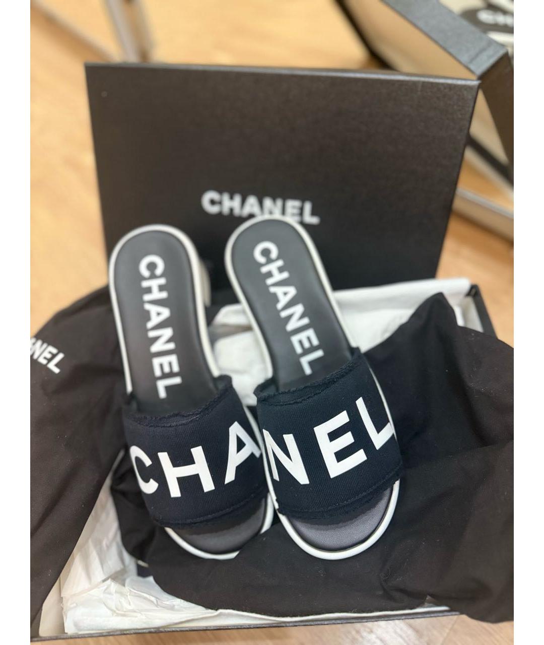 CHANEL Черные текстильные шлепанцы, фото 5