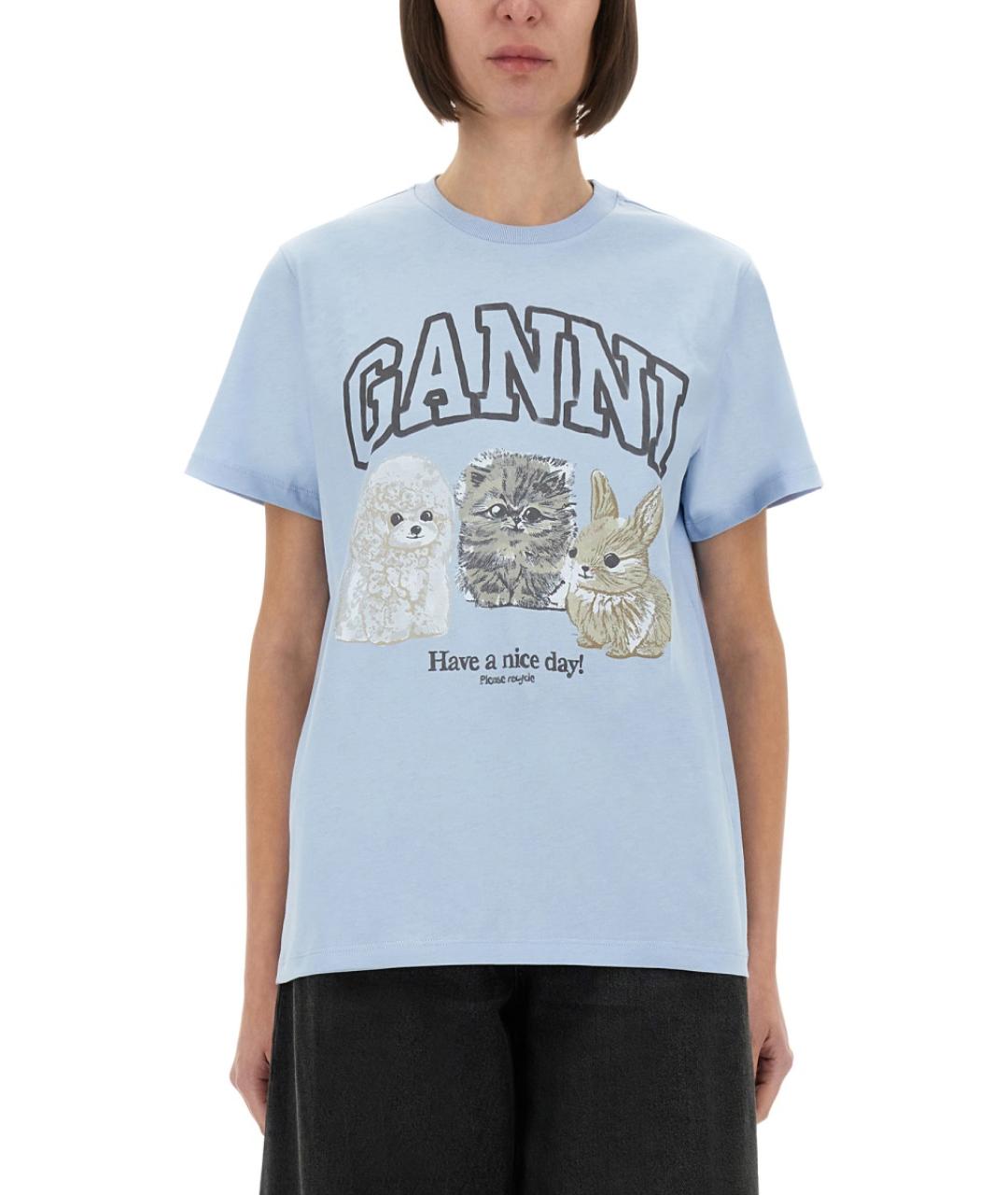 GANNI Голубая хлопковая футболка, фото 2