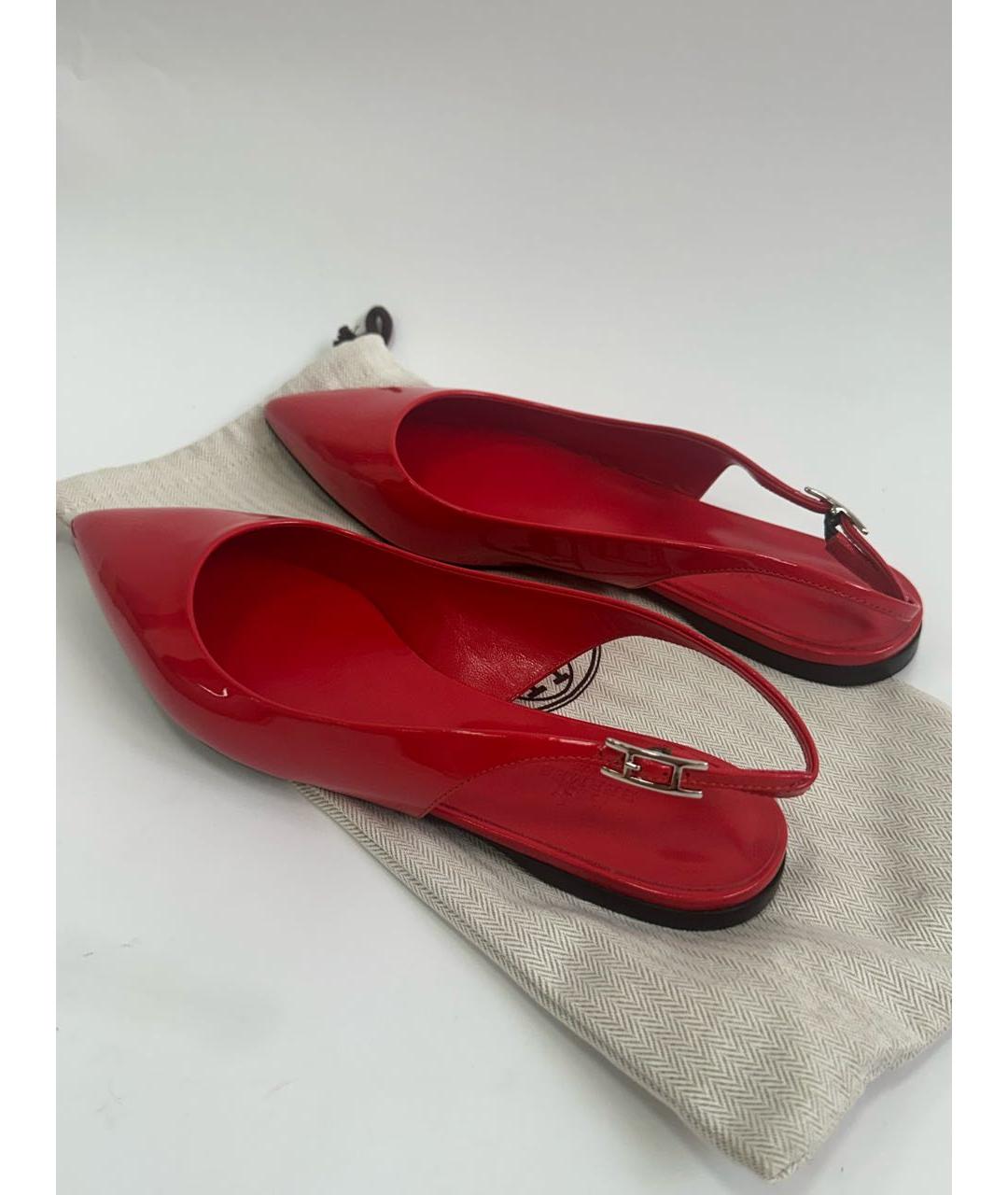 HERMES Красные кожаные лодочки на низком каблуке, фото 4