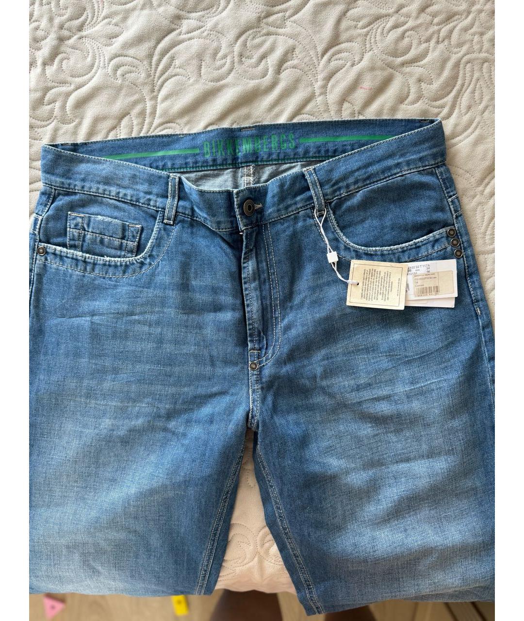 BIKKEMBERGS Синие хлопко-леновые прямые джинсы, фото 3