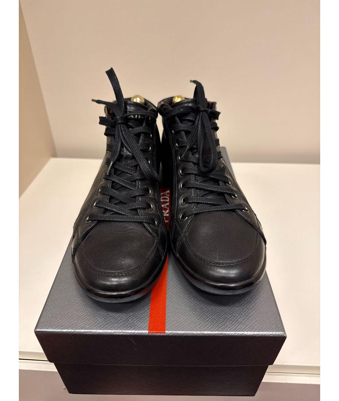 PRADA Черные кожаные высокие кроссовки / кеды, фото 2
