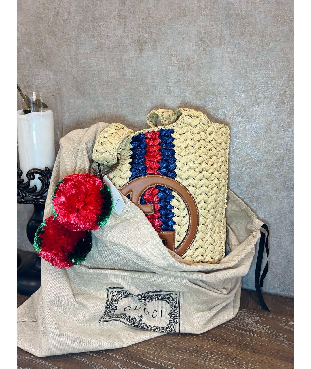 GUCCI Бежевая пелетеная пляжная сумка, фото 7