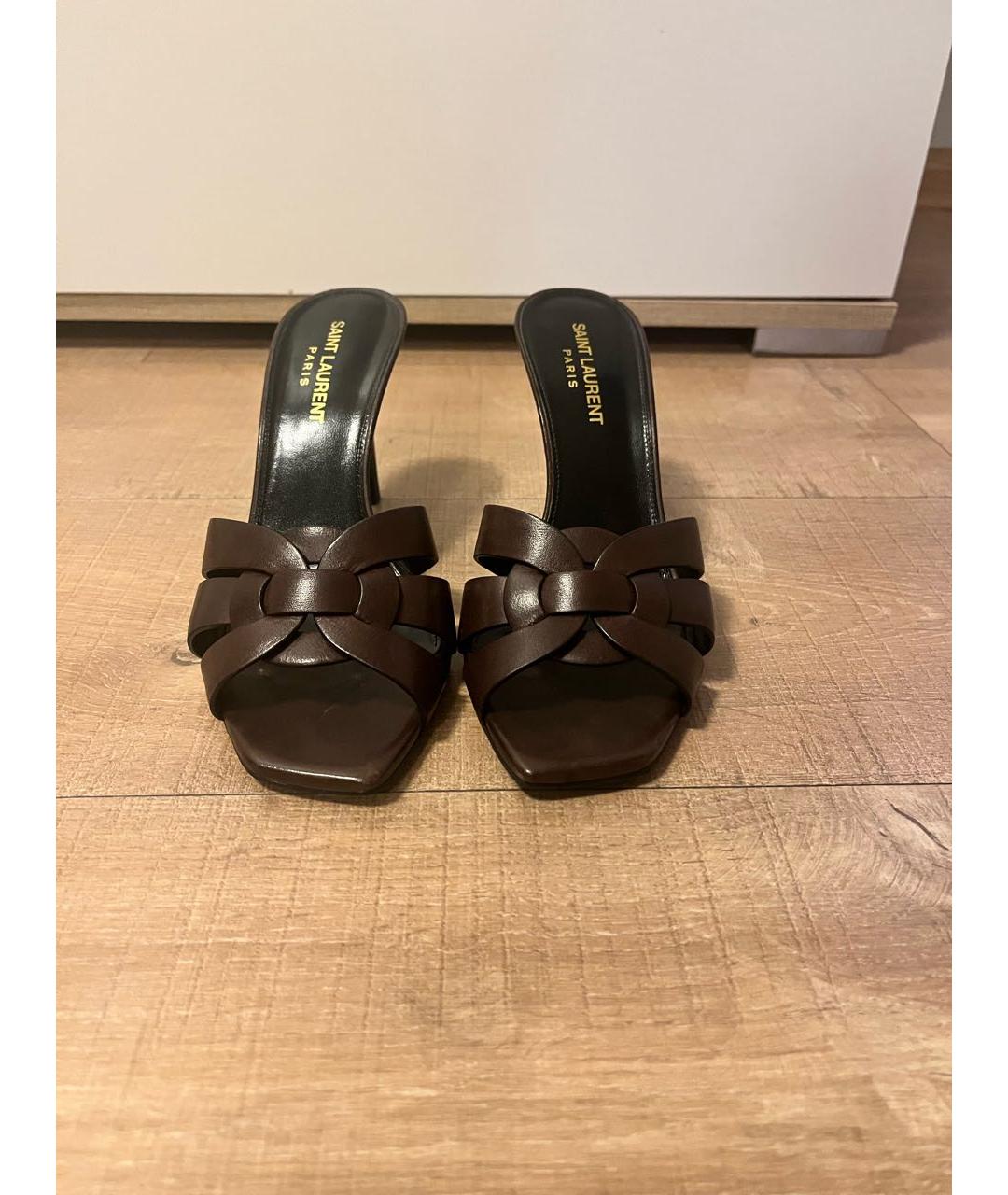 SAINT LAURENT Коричневые кожаные мюли, фото 2