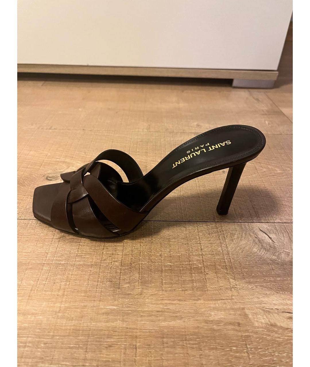 SAINT LAURENT Коричневые кожаные мюли, фото 8