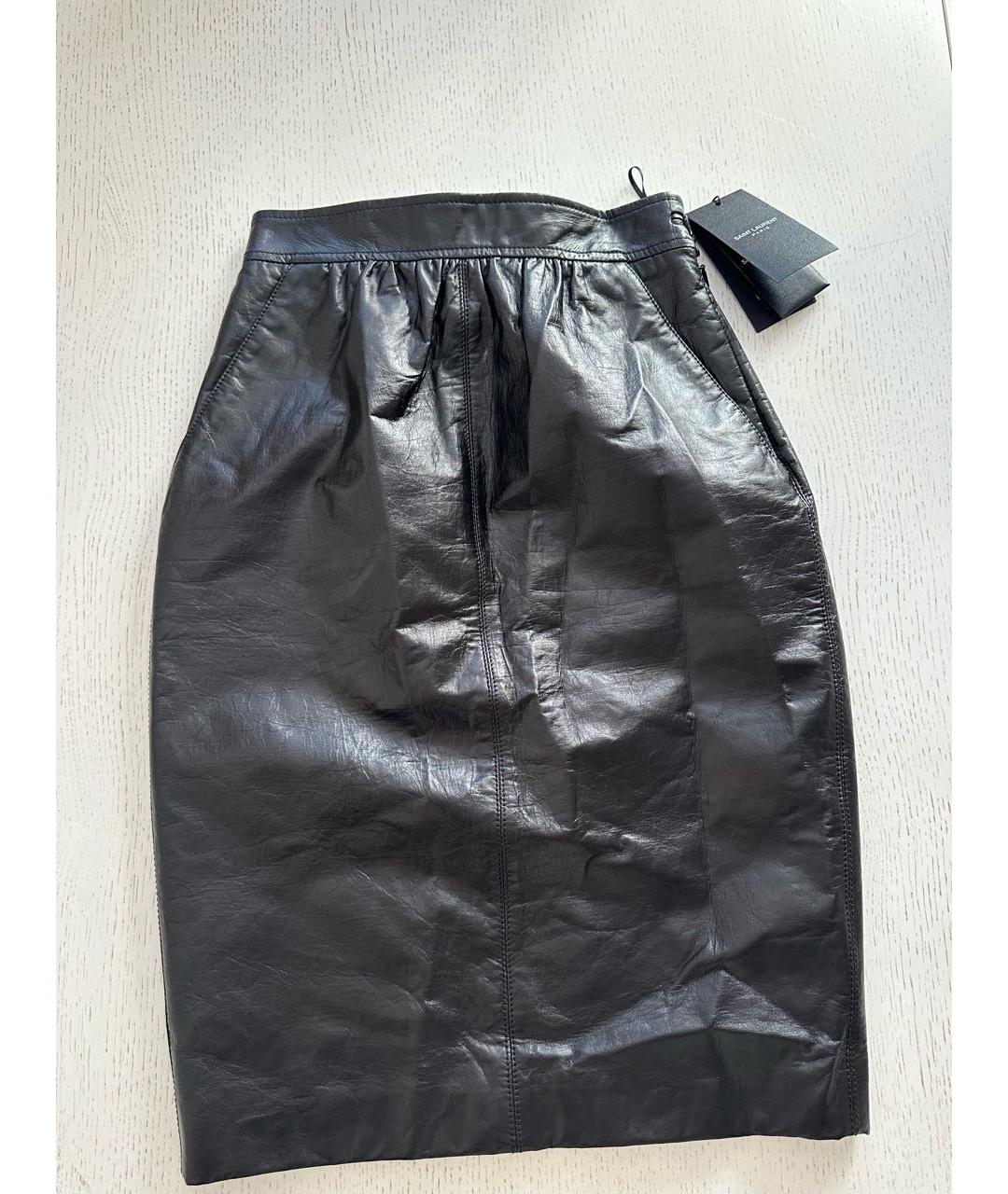 SAINT LAURENT Черная кожаная юбка миди, фото 2