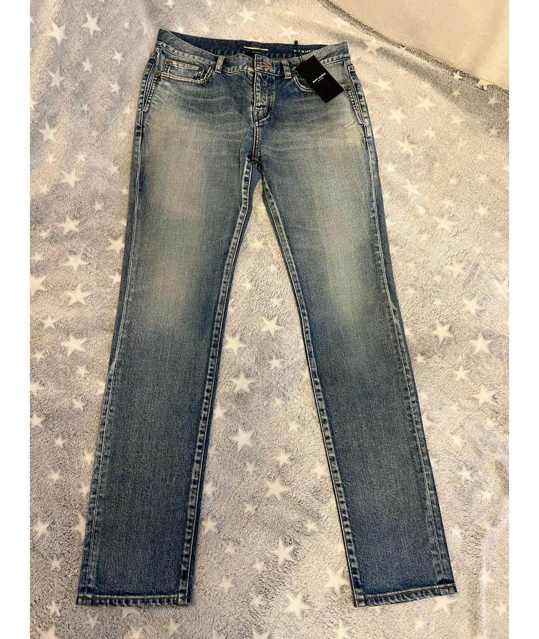 SAINT LAURENT Голубые хлопко-эластановые прямые джинсы, фото 9