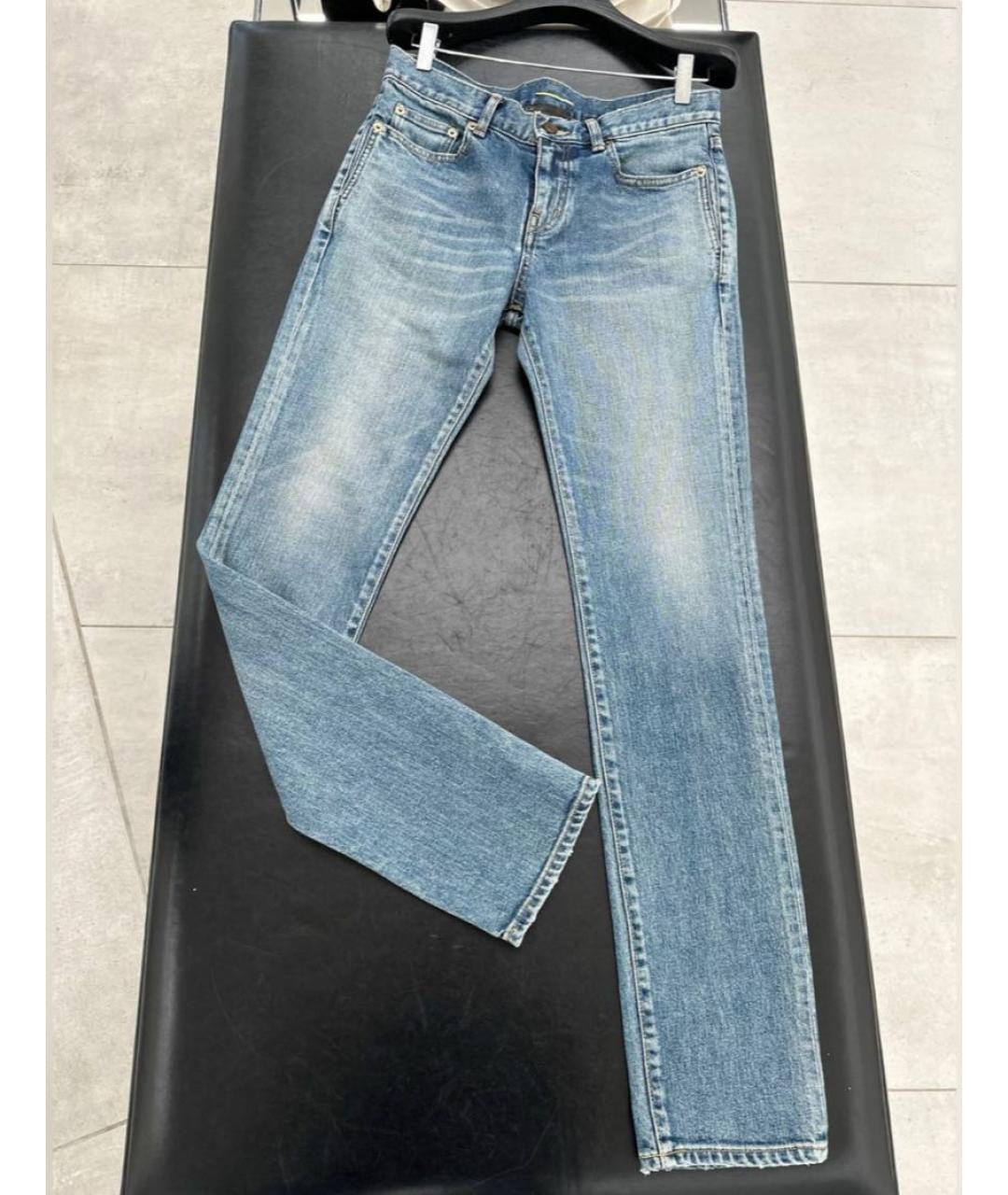 SAINT LAURENT Голубые хлопко-эластановые прямые джинсы, фото 8