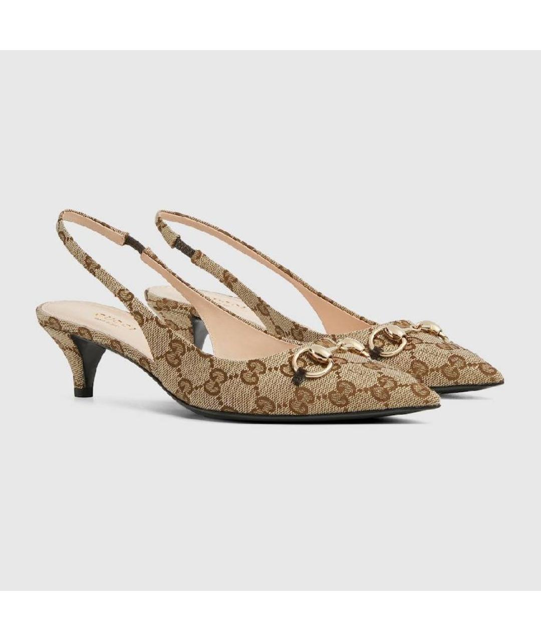 GUCCI Бежевые текстильные лодочки на низком каблуке, фото 2