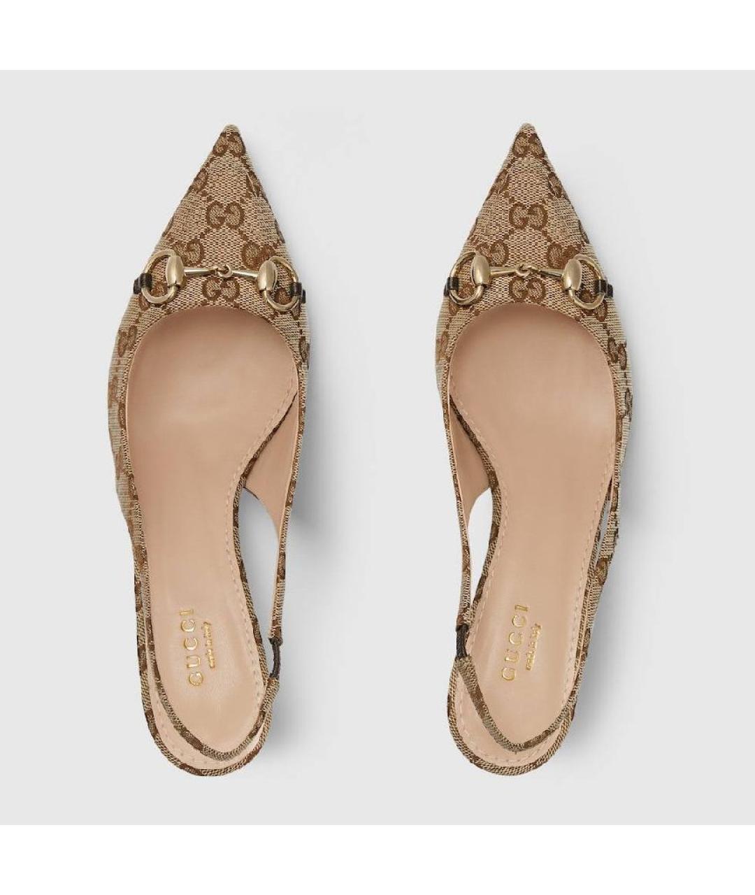 GUCCI Бежевые текстильные лодочки на низком каблуке, фото 3
