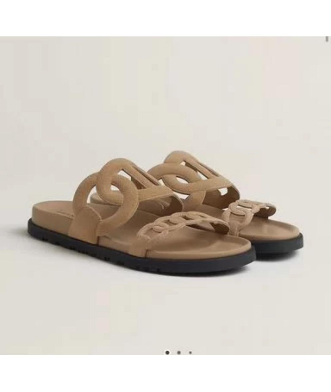 HERMES Бежевые замшевые шлепанцы, фото 5