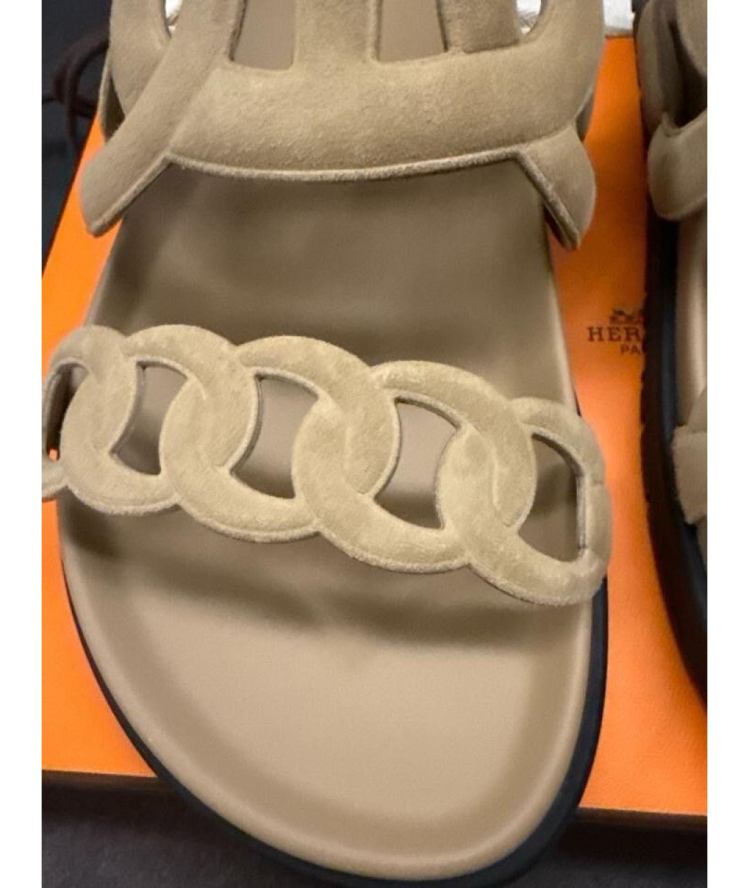 HERMES Бежевые замшевые шлепанцы, фото 4