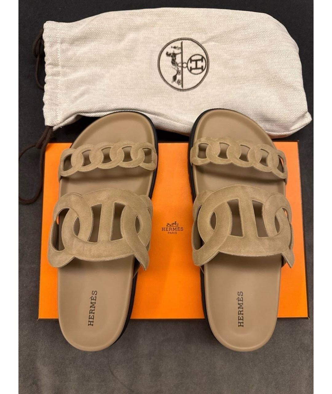 HERMES Бежевые замшевые шлепанцы, фото 2