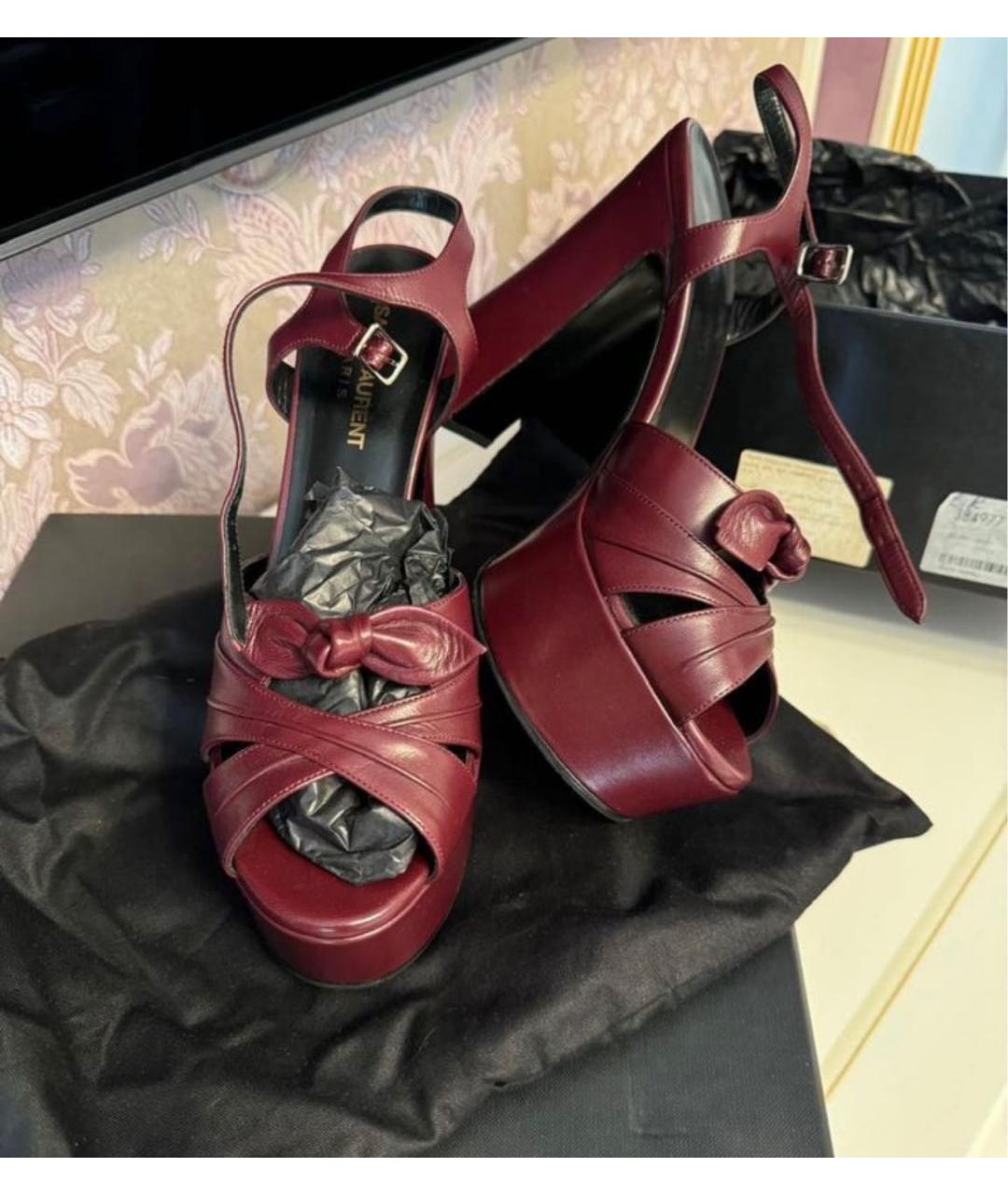 SAINT LAURENT Бордовые кожаные босоножки, фото 2
