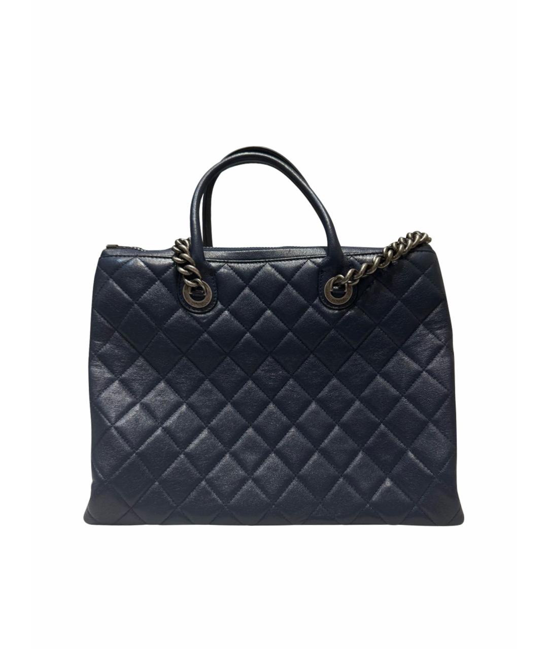 CHANEL Темно-синяя кожаная сумка с короткими ручками, фото 1