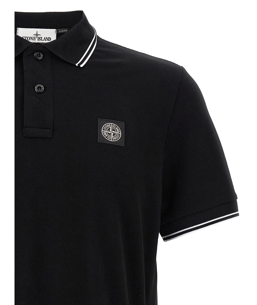 STONE ISLAND Черное хлопковое поло с коротким рукавом, фото 3