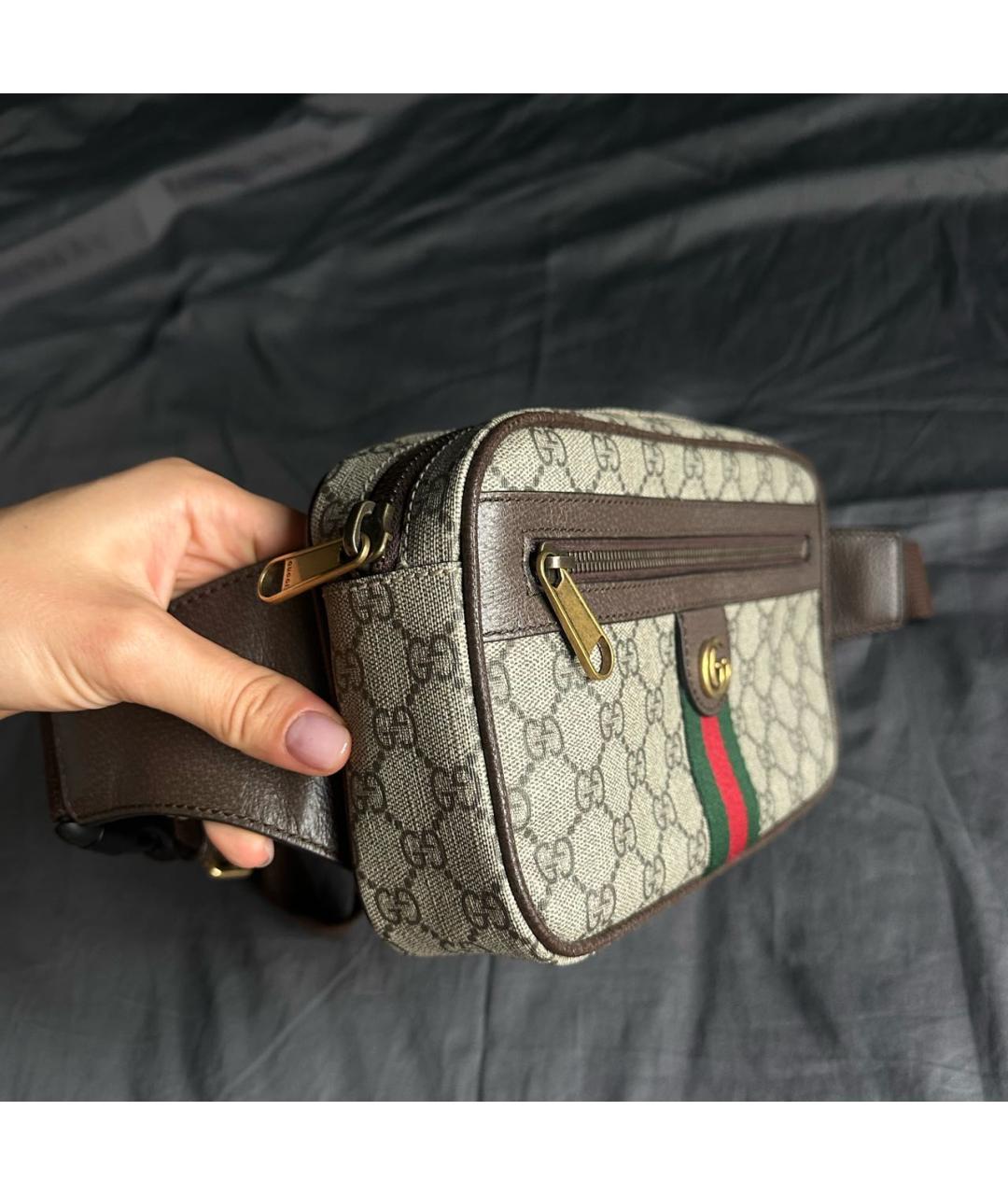 GUCCI Коричневая тканевая поясная сумка, фото 4
