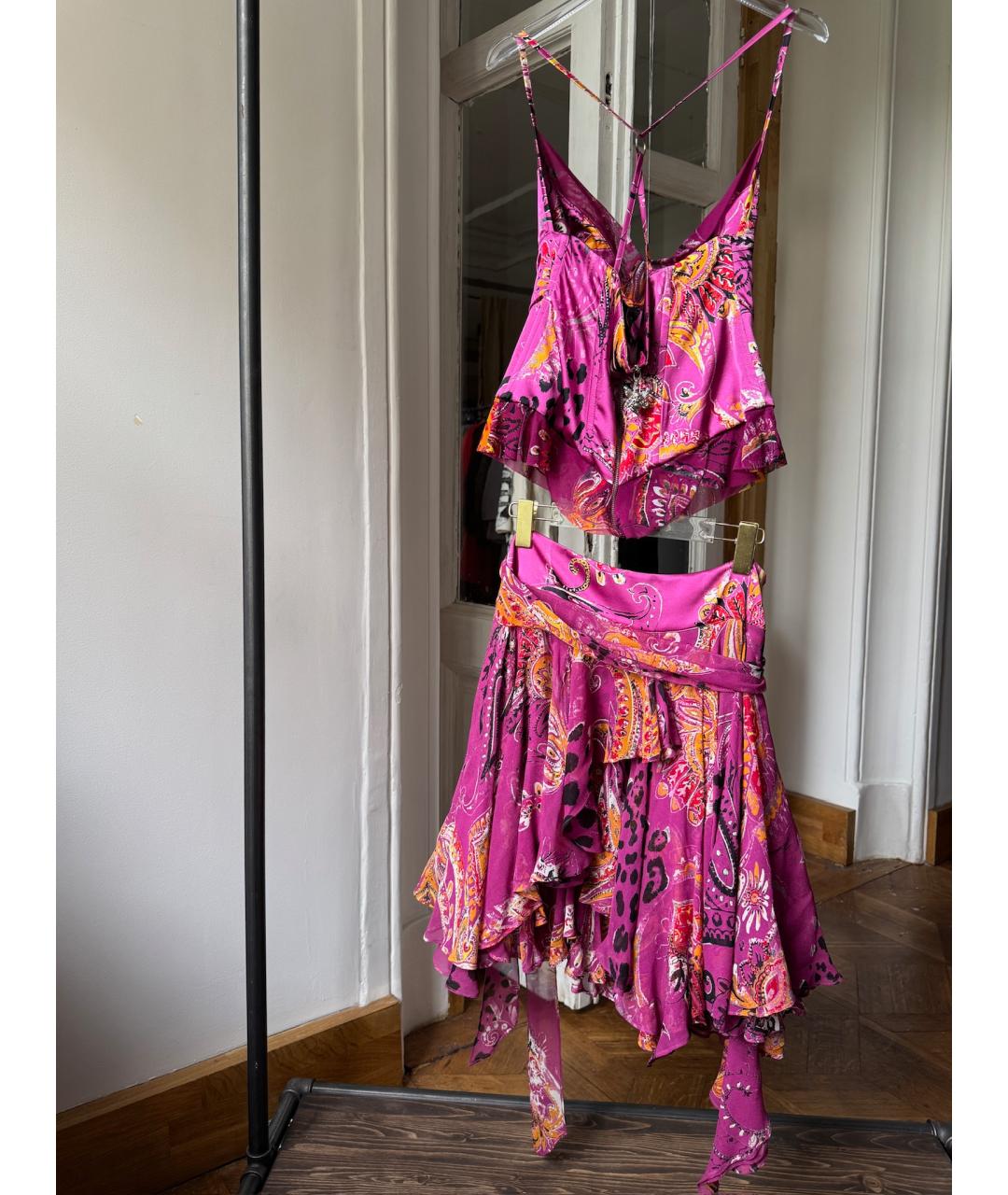 ROBERTO CAVALLI Фуксия шелковый костюм с юбками, фото 2