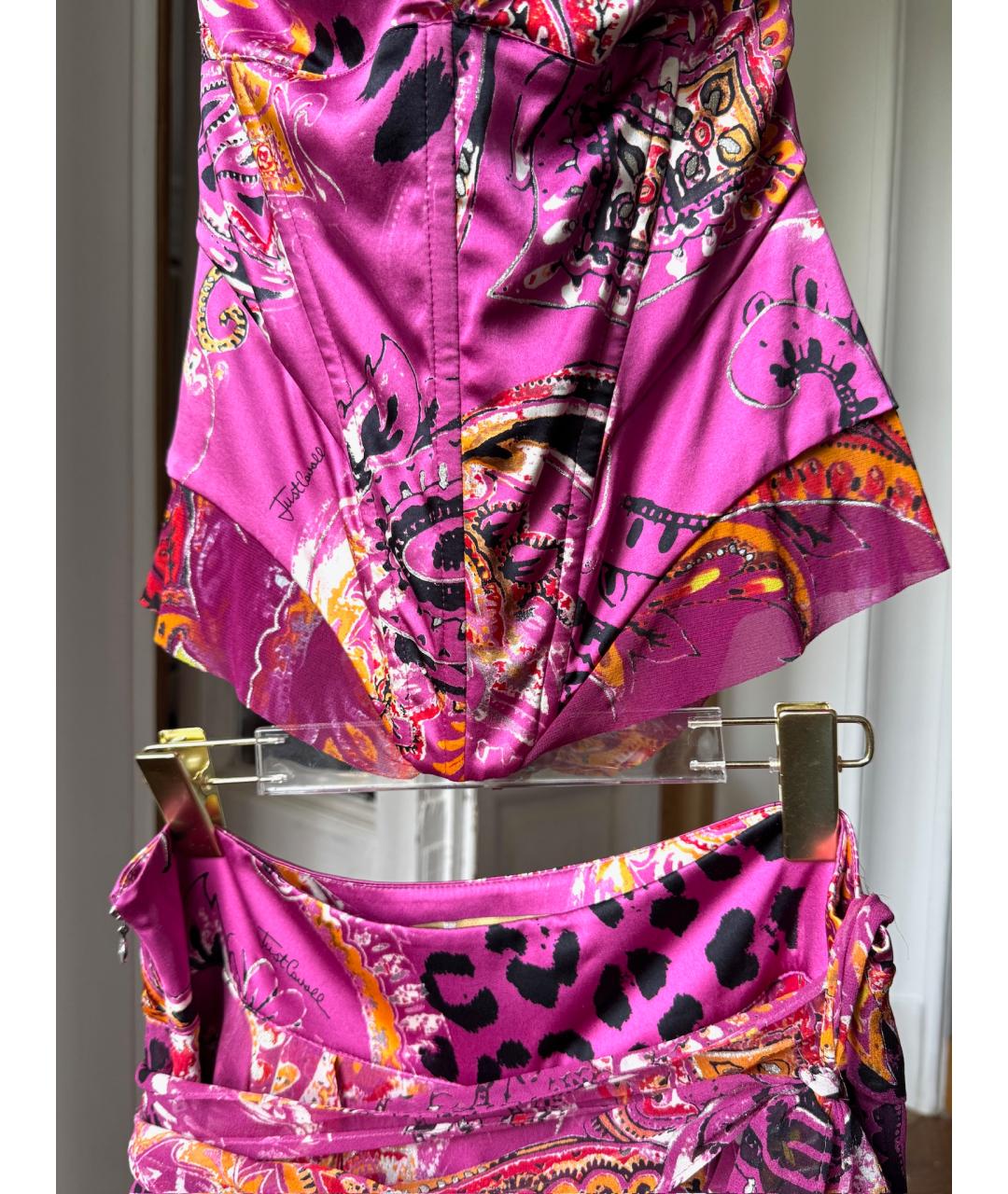 ROBERTO CAVALLI Фуксия шелковый костюм с юбками, фото 3