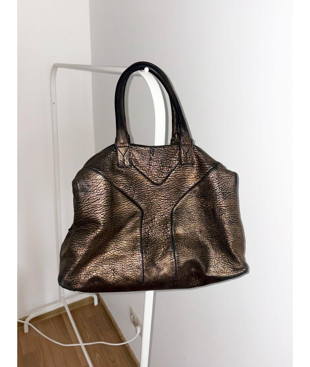 SAINT LAURENT Золотая кожаная сумка с короткими ручками, фото 9