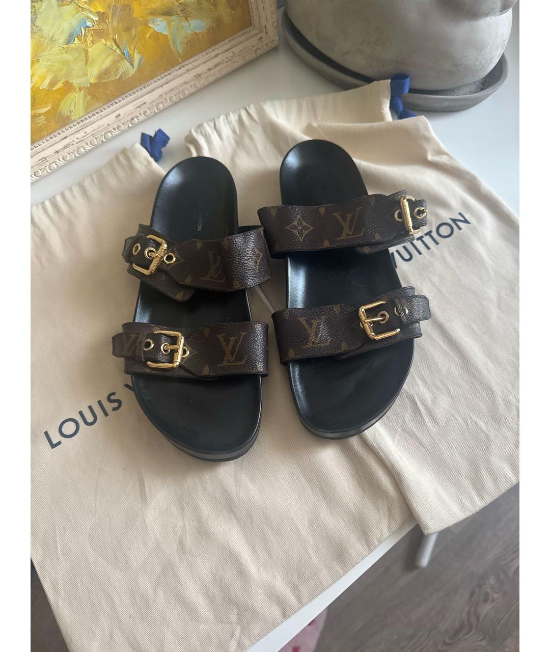 LOUIS VUITTON Коричневые кожаные шлепанцы, фото 3
