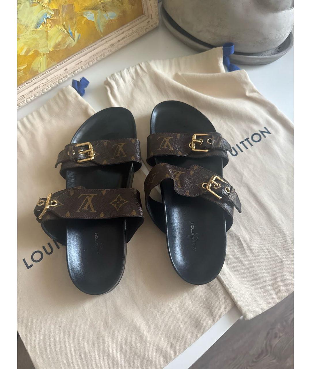 LOUIS VUITTON Коричневые кожаные шлепанцы, фото 4
