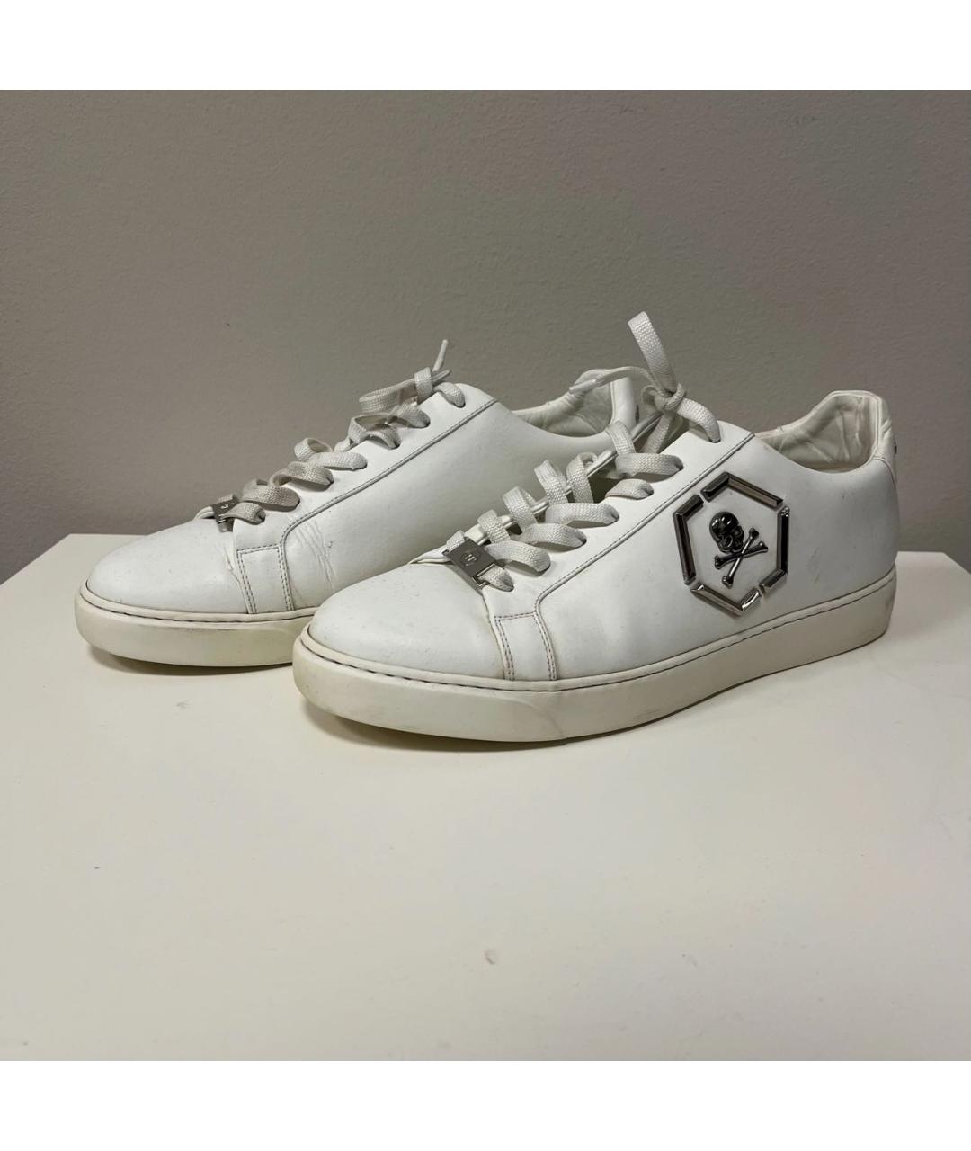 PHILIPP PLEIN Белые кожаные низкие кроссовки / кеды, фото 2