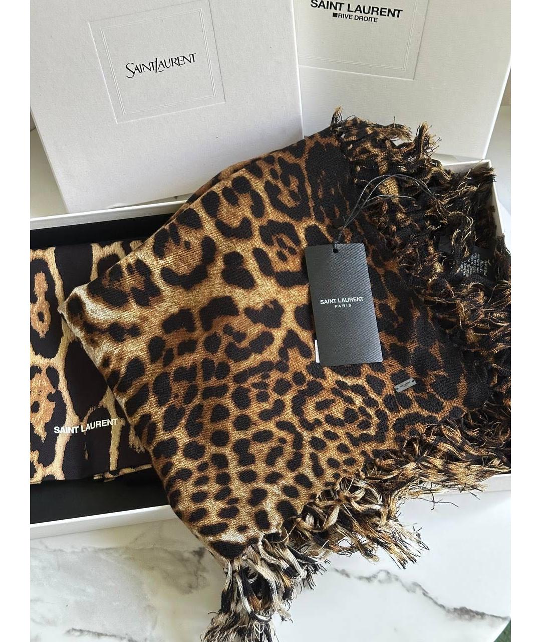 SAINT LAURENT Коричневый шерстяной шарф, фото 2