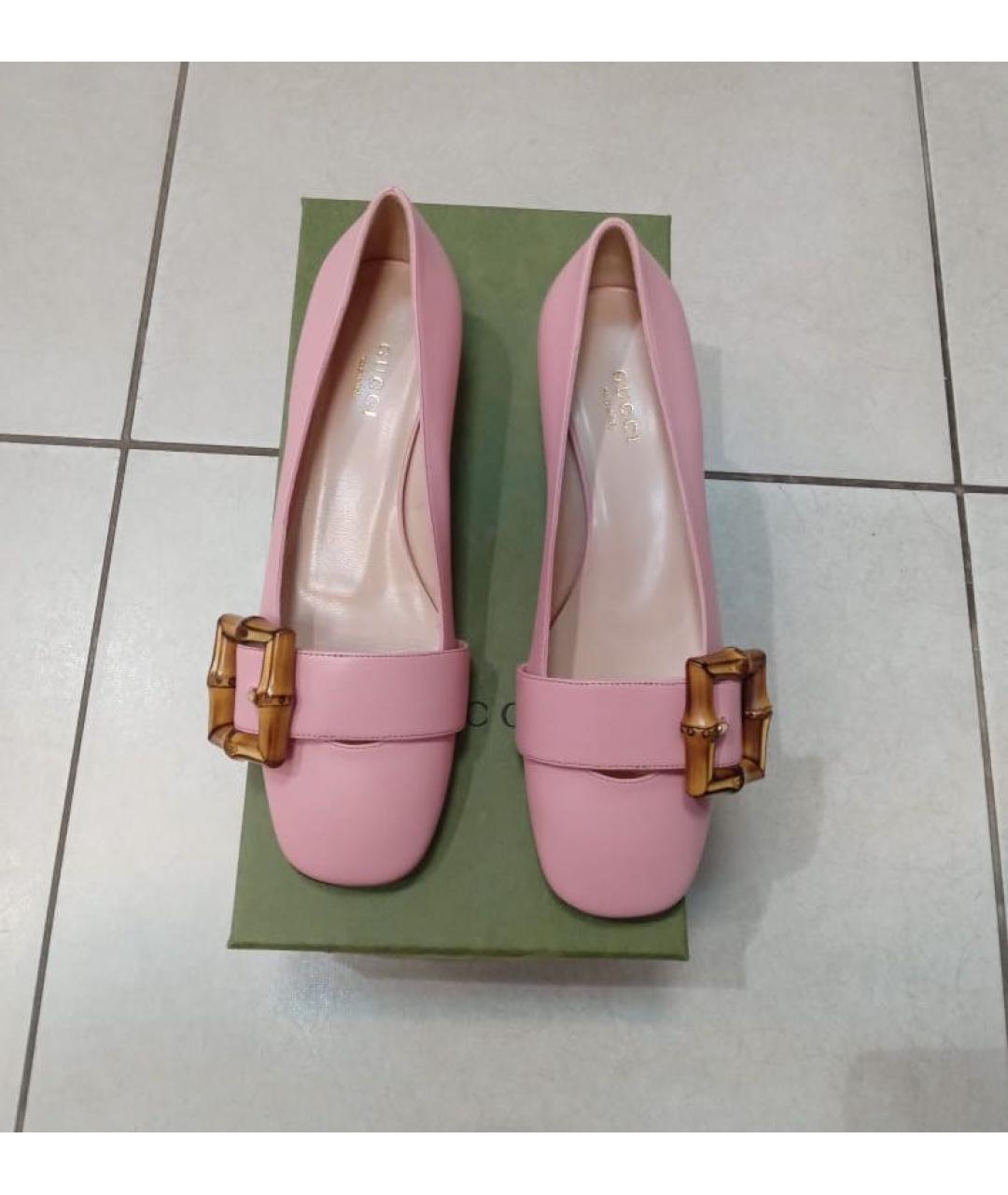 GUCCI Розовые кожаные лодочки на низком каблуке, фото 2