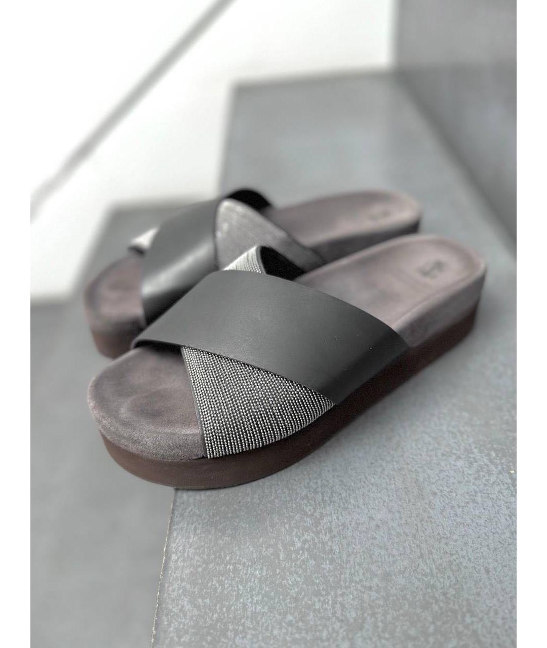 BRUNELLO CUCINELLI Антрацитовые кожаные шлепанцы, фото 4