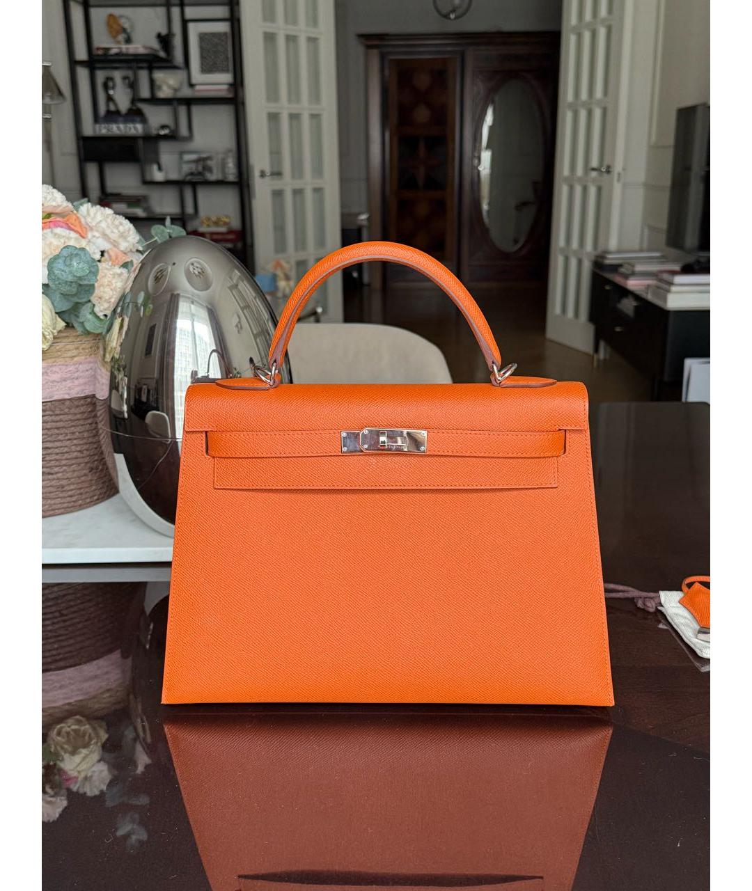 HERMES Оранжевая кожаная сумка тоут, фото 8