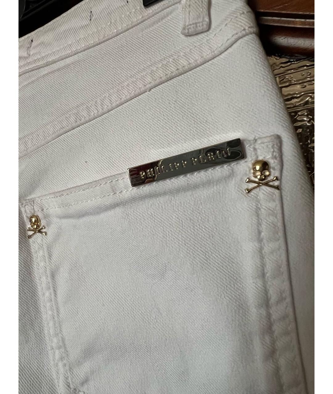 PHILIPP PLEIN Белые хлопко-эластановые прямые джинсы, фото 4