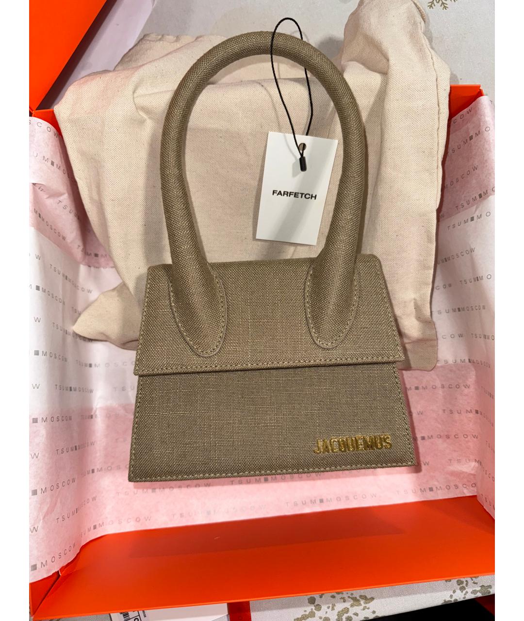 JACQUEMUS Бежевая льняная сумка с короткими ручками, фото 4