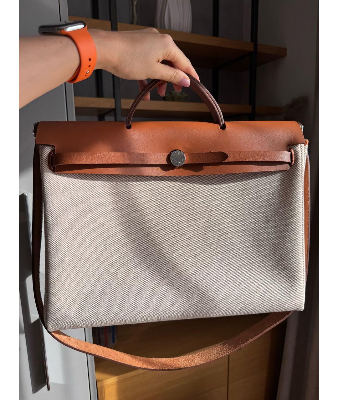 HERMES Бежевая тканевая сумка с короткими ручками, фото 6