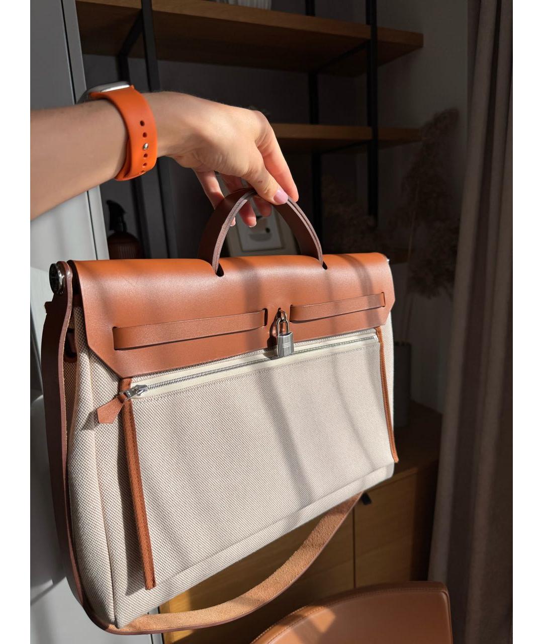 HERMES Бежевая тканевая сумка с короткими ручками, фото 7