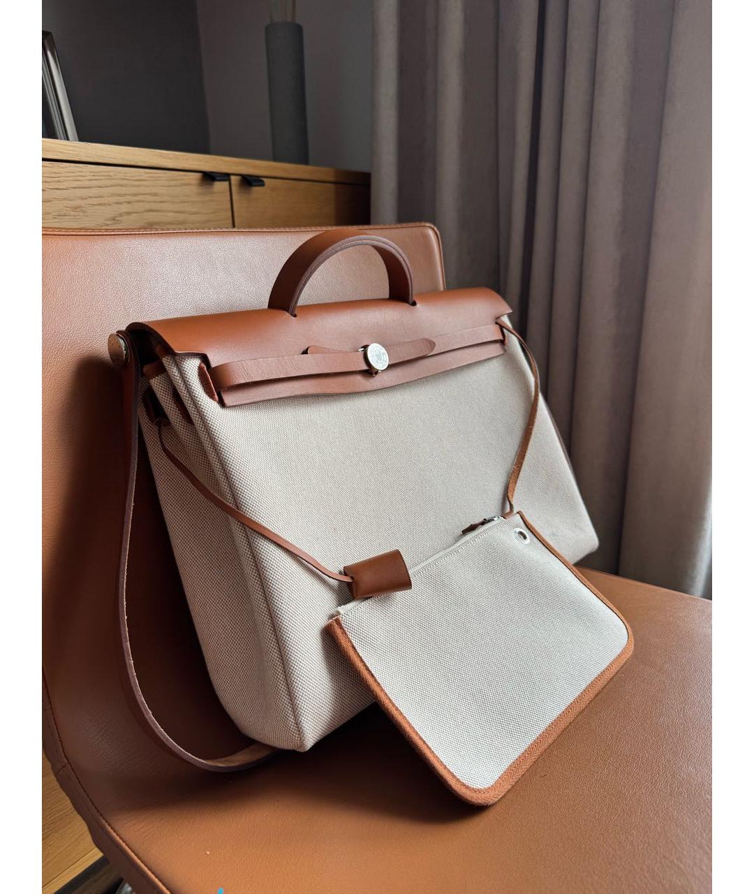 HERMES Бежевая тканевая сумка с короткими ручками, фото 8